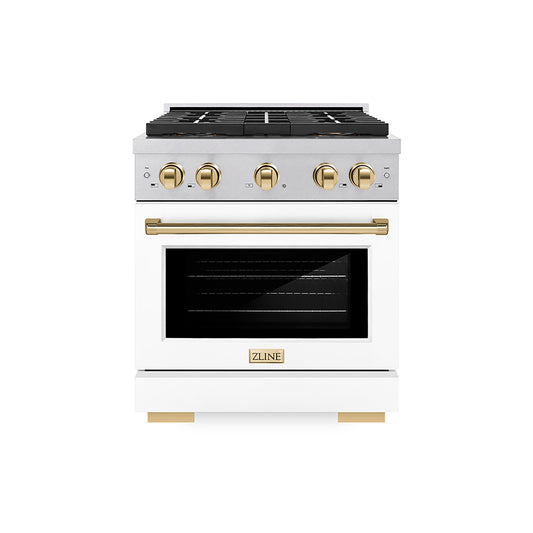 ZLINE 30 in. Dual Fuel Range 4.2 cu. ft. 4 Burner DuoPro™ Cooktop Electric Convection Oven Satin Stainless Steel White Matte Door Polished Gold Accents (PSDRSZ-WM-30-G)