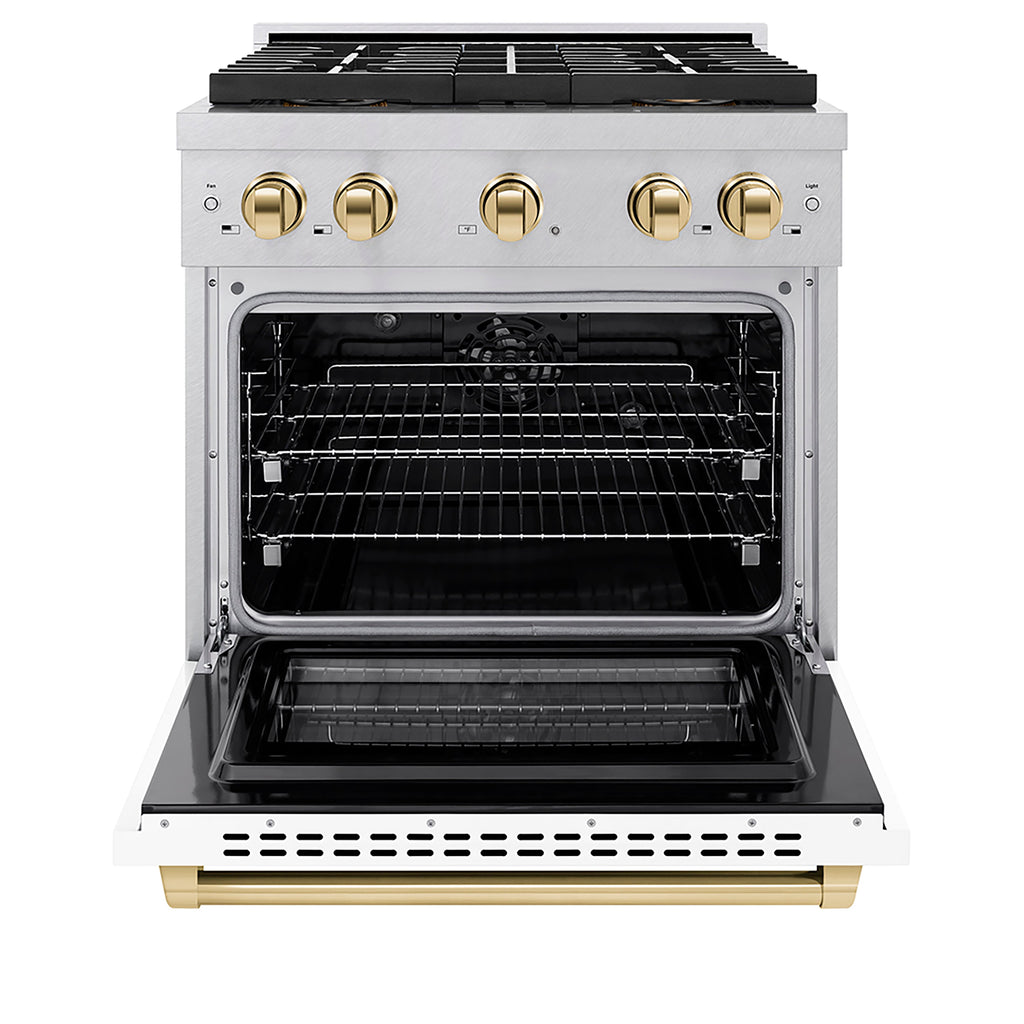 ZLINE 30 in. Dual Fuel Range 4.2 cu. ft. 4 Burner DuoPro™ Cooktop Electric Convection Oven Satin Stainless Steel White Matte Door Polished Gold Accents (PSDRSZ-WM-30-G)