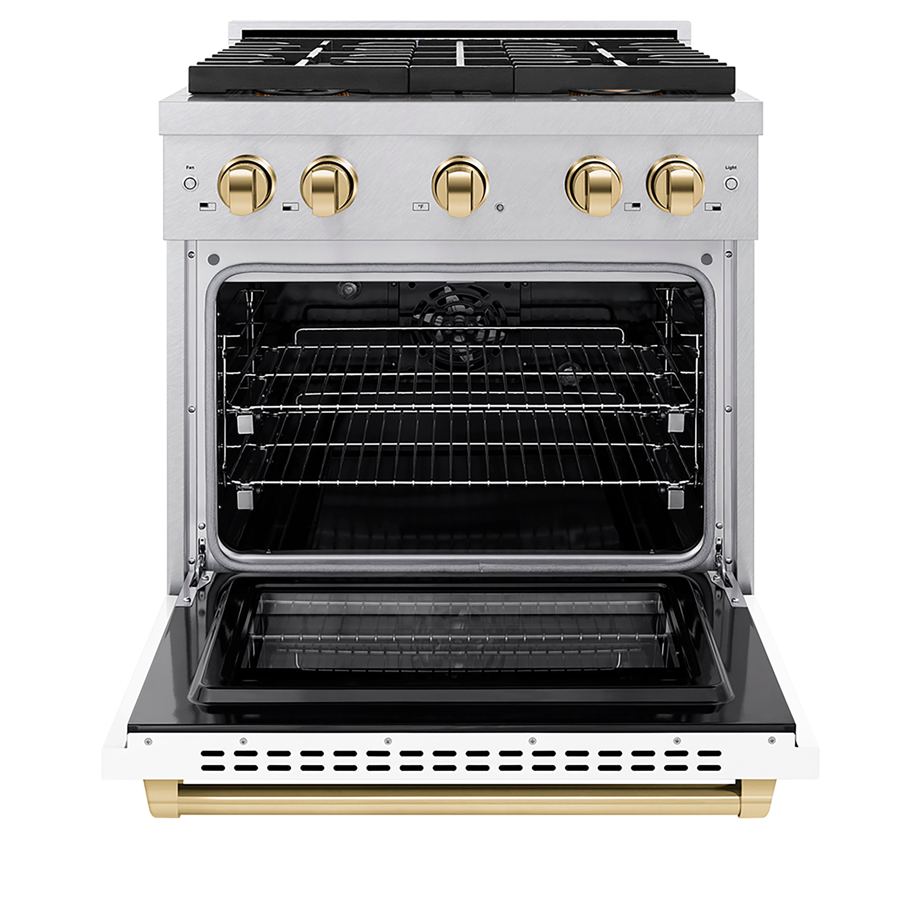 ZLINE 30 in. Dual Fuel Range 4.2 cu. ft. 4 Burner DuoPro™ Cooktop Electric Convection Oven Satin Stainless Steel White Matte Door Polished Gold Accents (PSDRSZ-WM-30-G)