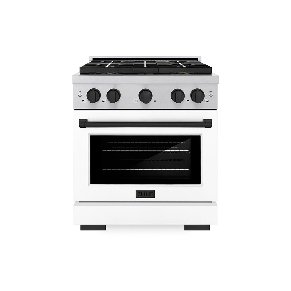 ZLINE 30 in. Dual Fuel Range 4.2 cu. ft. 4 Burner DuoPro™ Cooktop Electric Convection Oven Satin Stainless Steel White Matte Door Matte Black Accents (PSDRSZ-WM-30-MB)