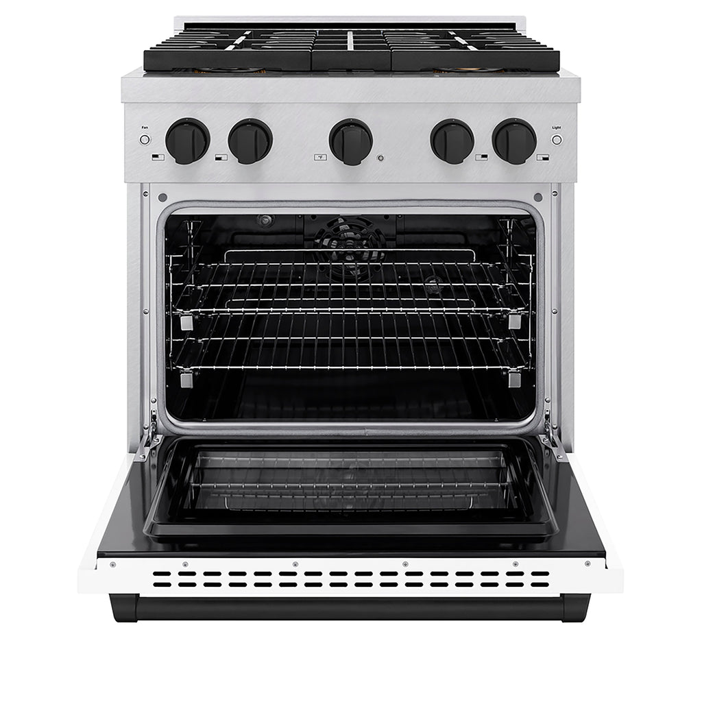 ZLINE 30 in. Dual Fuel Range 4.2 cu. ft. 4 Burner DuoPro™ Cooktop Electric Convection Oven Satin Stainless Steel White Matte Door Matte Black Accents (PSDRSZ-WM-30-MB)