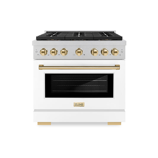 ZLINE 36 in. Dual Fuel Range 5.2 cu. ft. 6 Burner DuoPro™ Cooktop Electric Convection Oven Satin Stainless Steel White Matte Door Polished Gold Accents (PSDRSZ-WM-36-G)