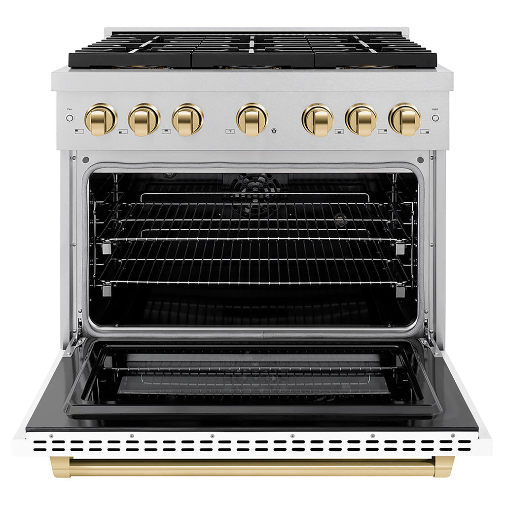 ZLINE 36 in. Dual Fuel Range 5.2 cu. ft. 6 Burner DuoPro™ Cooktop Electric Convection Oven Satin Stainless Steel White Matte Door Polished Gold Accents (PSDRSZ-WM-36-G)