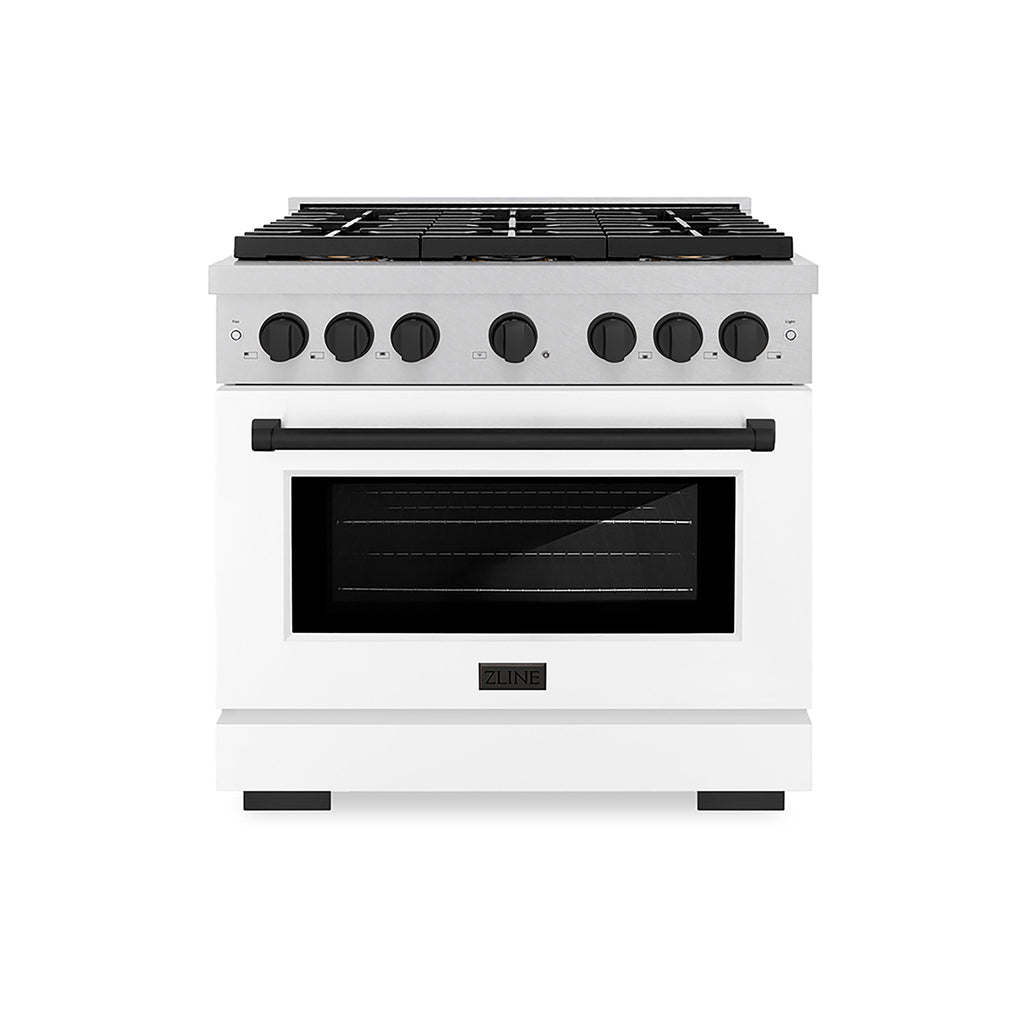 ZLINE 36 in. Dual Fuel Range 5.2 cu. ft. 6 Burner DuoPro™ Cooktop Electric Convection Oven Satin Stainless Steel White Matte Door Matte Black Accents (PSDRSZ-WM-36-MB)