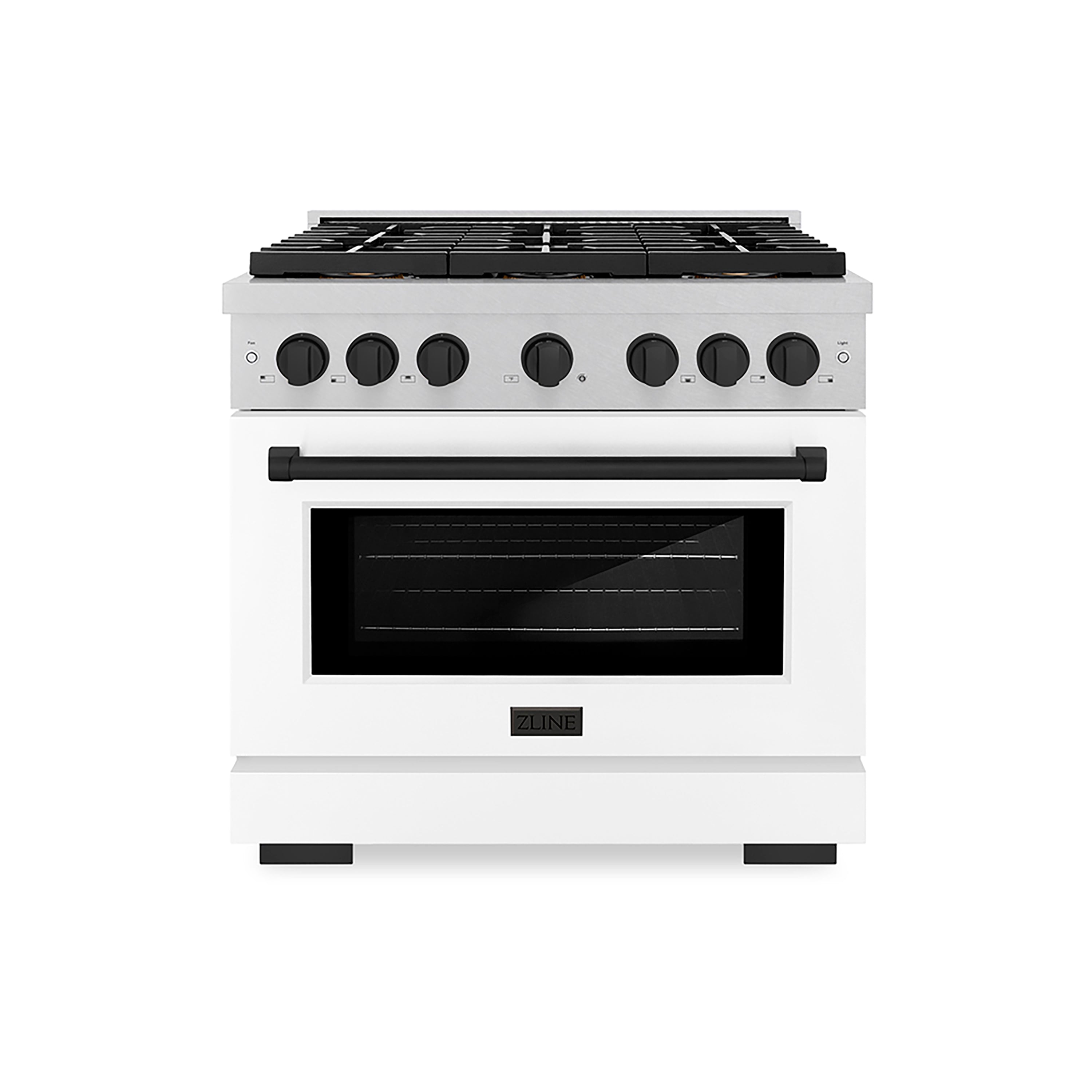 ZLINE 36 in. Dual Fuel Range 5.2 cu. ft. 6 Burner DuoPro™ Cooktop Electric Convection Oven Satin Stainless Steel White Matte Door Matte Black Accents (PSDRSZ-WM-36-MB)