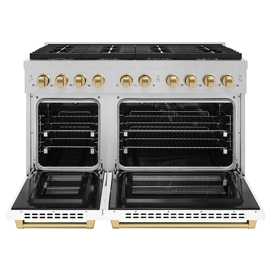 ZLINE 48 in. Dual Fuel Range 6.7 cu. ft. Paramount Series with 8 Burner DuoPro™ Cooktop, Dual Ovens, Satin Stainless Steel, White Matte Doors & Champagne Bronze Accents (PSDRSZ-WM-48-CB)