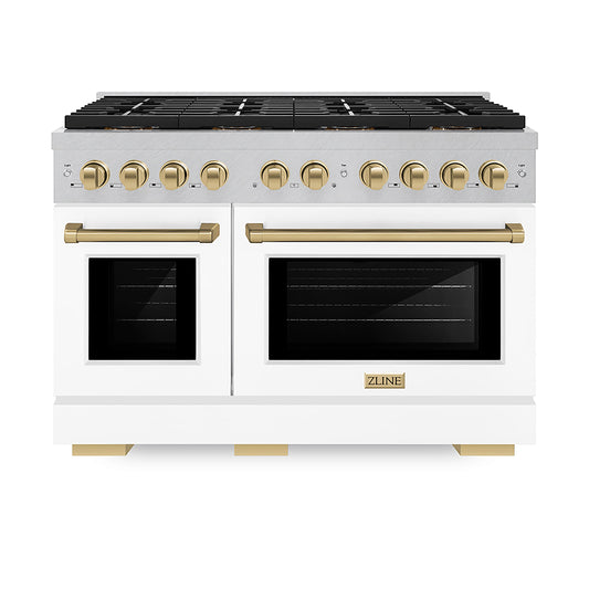 ZLINE 48 in. Dual Fuel Range 6.7 cu. ft. Paramount Series with 8 Burner DuoPro™ Cooktop, Dual Ovens, Satin Stainless Steel, White Matte Doors & Champagne Bronze Accents (PSDRSZ-WM-48-CB)