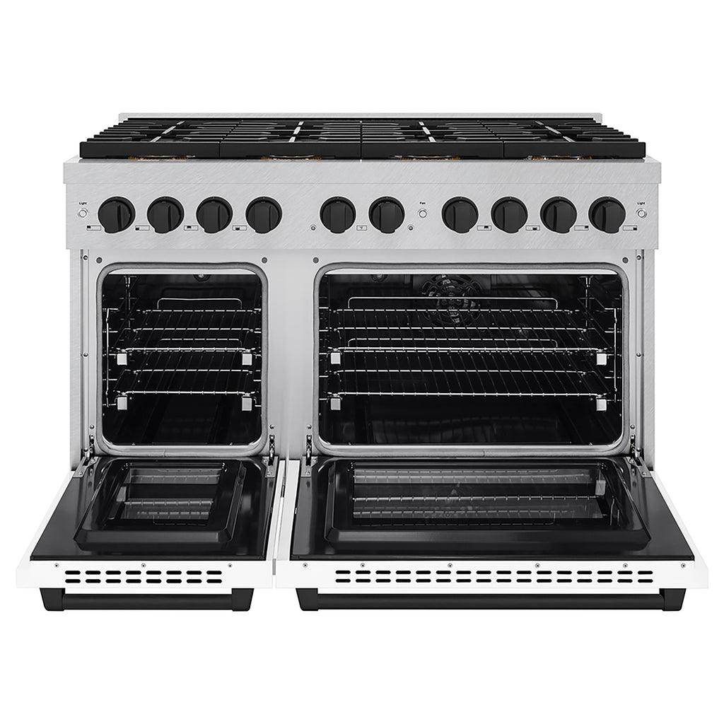 ZLINE 48 in. Dual Fuel Range 6.7 cu. ft. with 8 Burner DuoPro™ Cooktop, Dual Ovens, Satin Stainless Steel, White Matte Doors, Matte Black Accents (PSDRSZ-WM-48-MB)