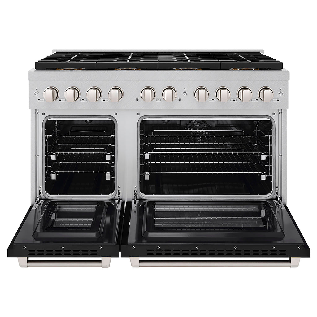 ZLINE 48 in. Dual Fuel Range 6.7 cu. ft. with 8 Burner DuoPro™ Cooktop and Dual Ovens, Satin Stainless Steel with Black Matte Doors (PSDRS-BLM-48)