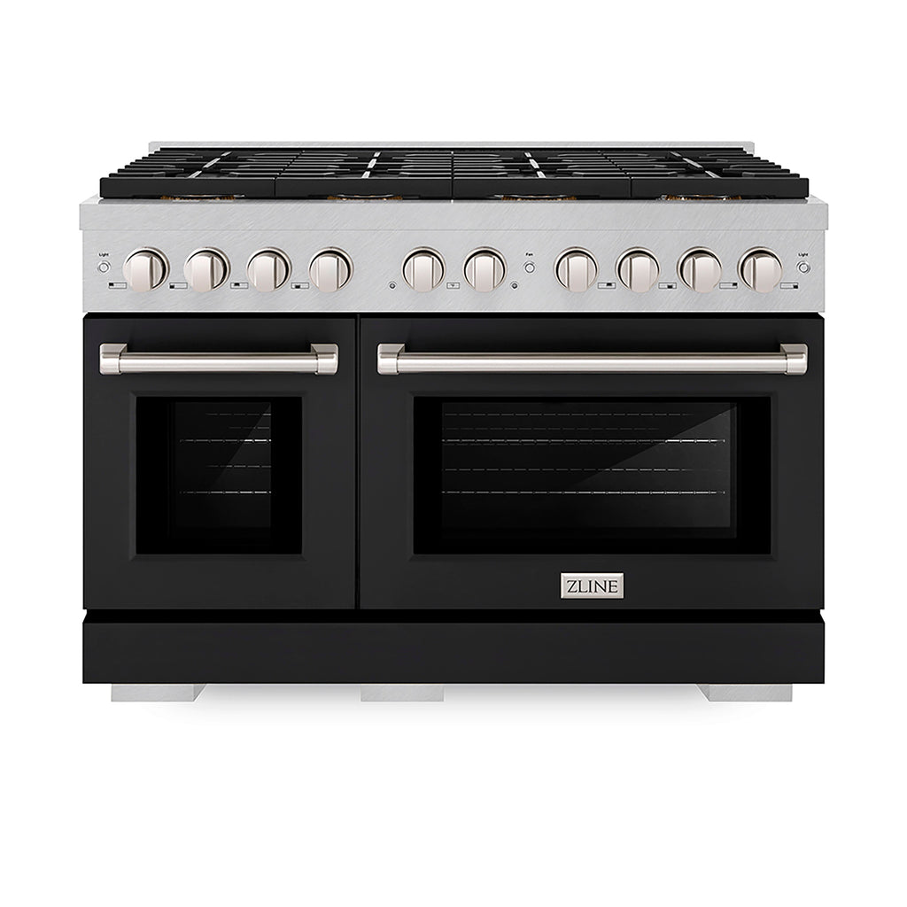 ZLINE 48 in. Dual Fuel Range 6.7 cu. ft. with 8 Burner DuoPro™ Cooktop and Dual Ovens, Satin Stainless Steel with Black Matte Doors (PSDRS-BLM-48)