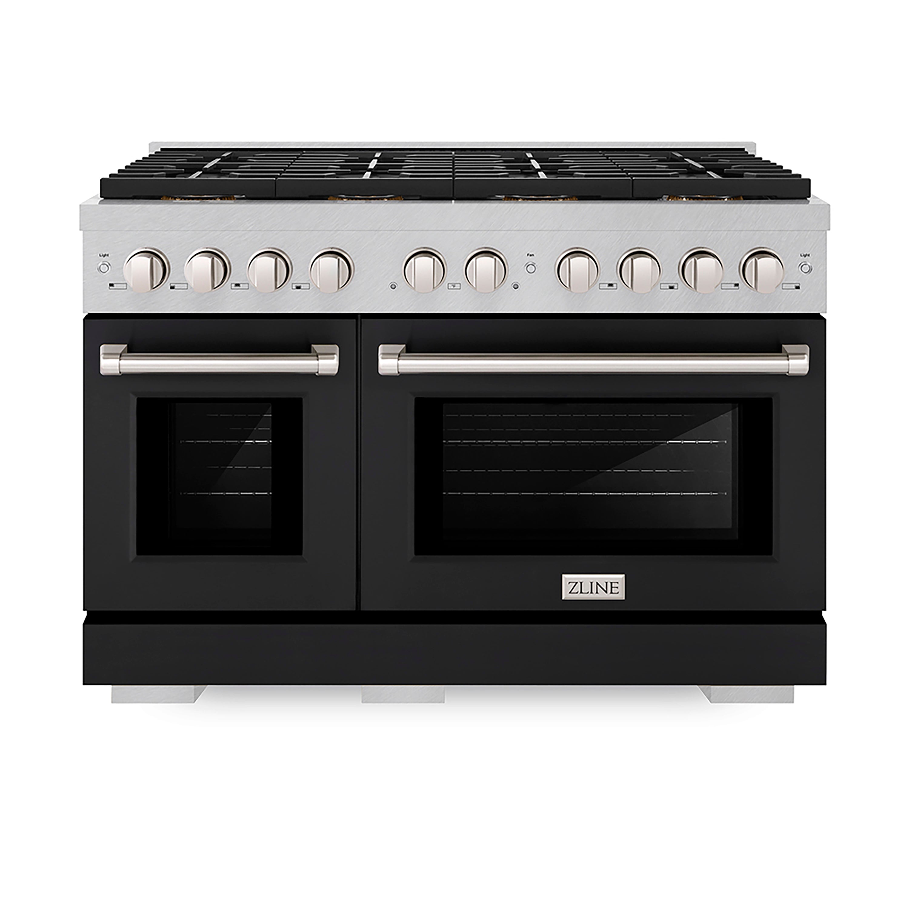 ZLINE 48 in. Dual Fuel Range 6.7 cu. ft. with 8 Burner DuoPro™ Cooktop and Dual Ovens, Satin Stainless Steel with Black Matte Doors (PSDRS-BLM-48)