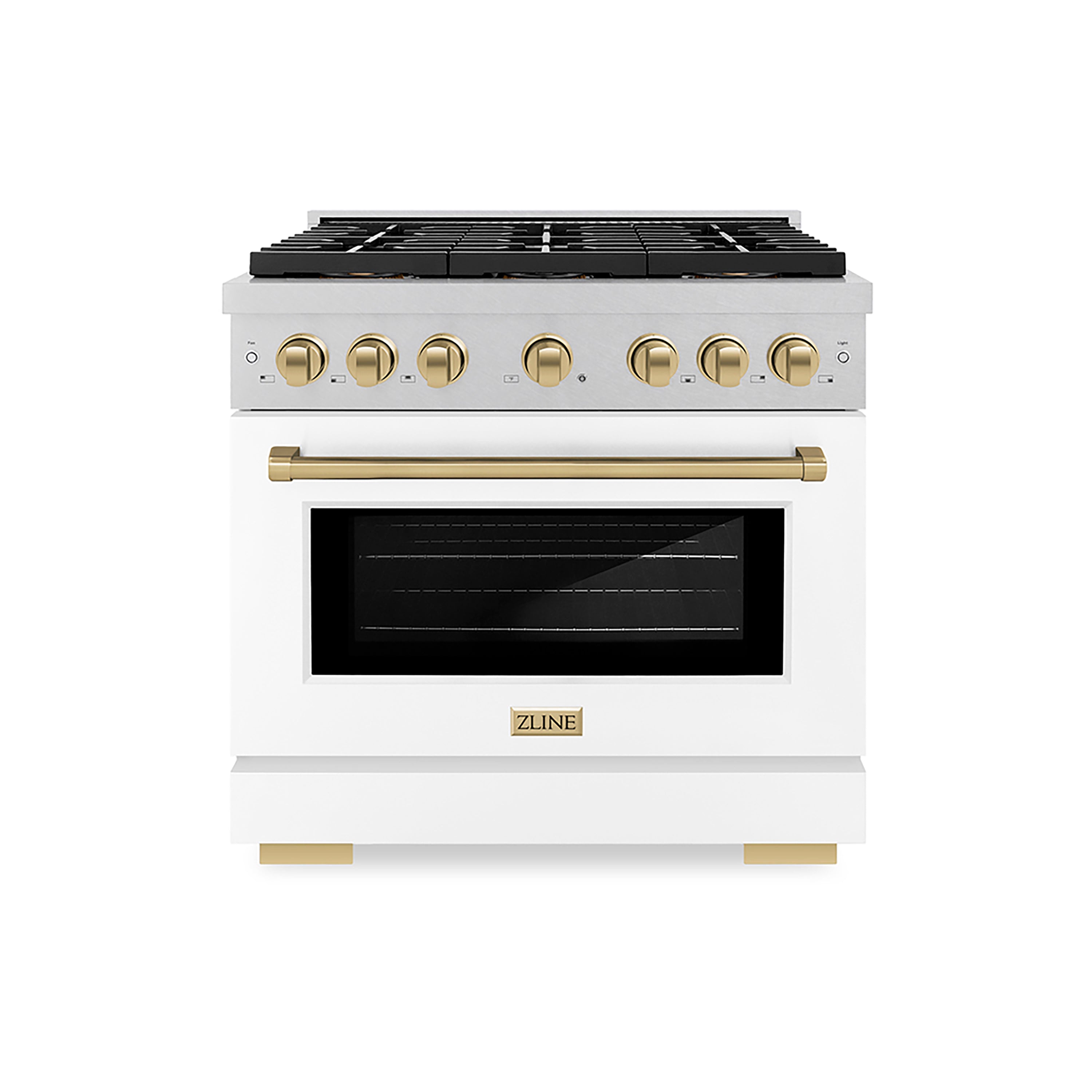ZLINE 36 in. Dual Fuel Range 5.2 cu. ft. 6 Burner DuoPro™ Cooktop Electric Convection Oven Satin Stainless Steel White Matte Door Champagne Bronze Accents (PSDRSZ-WM-36-CB)