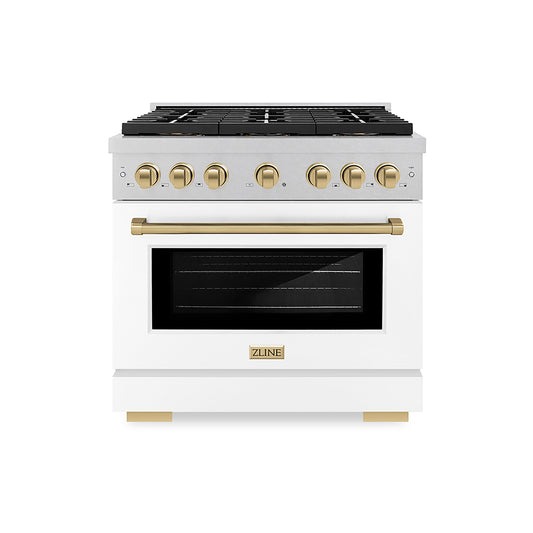 ZLINE 36 in. Dual Fuel Range 5.2 cu. ft. 6 Burner DuoPro™ Cooktop Electric Convection Oven Satin Stainless Steel White Matte Door Champagne Bronze Accents (PSDRSZ-WM-36-CB)