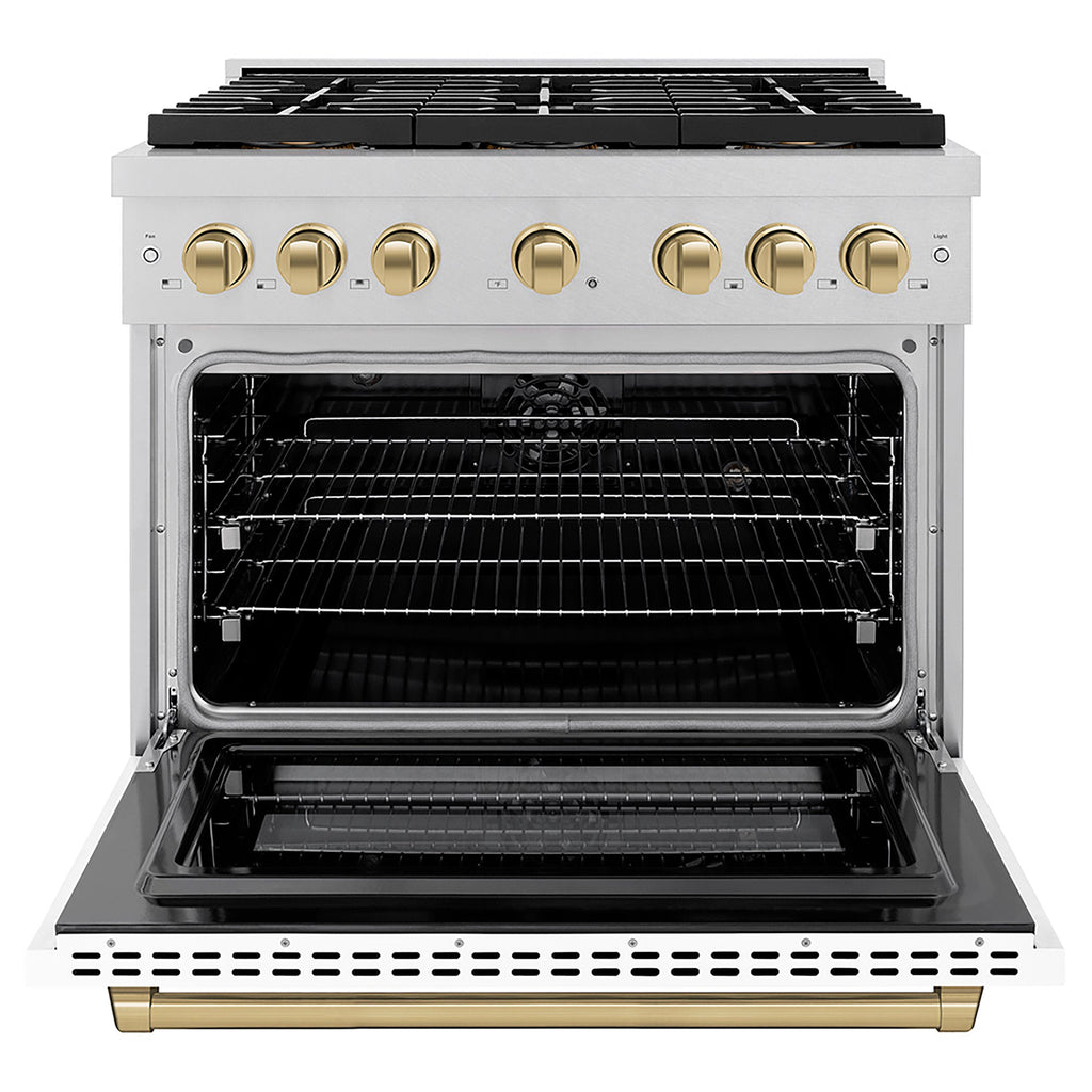 ZLINE 36 in. Dual Fuel Range 5.2 cu. ft. 6 Burner DuoPro™ Cooktop Electric Convection Oven Satin Stainless Steel White Matte Door Champagne Bronze Accents (PSDRSZ-WM-36-CB)