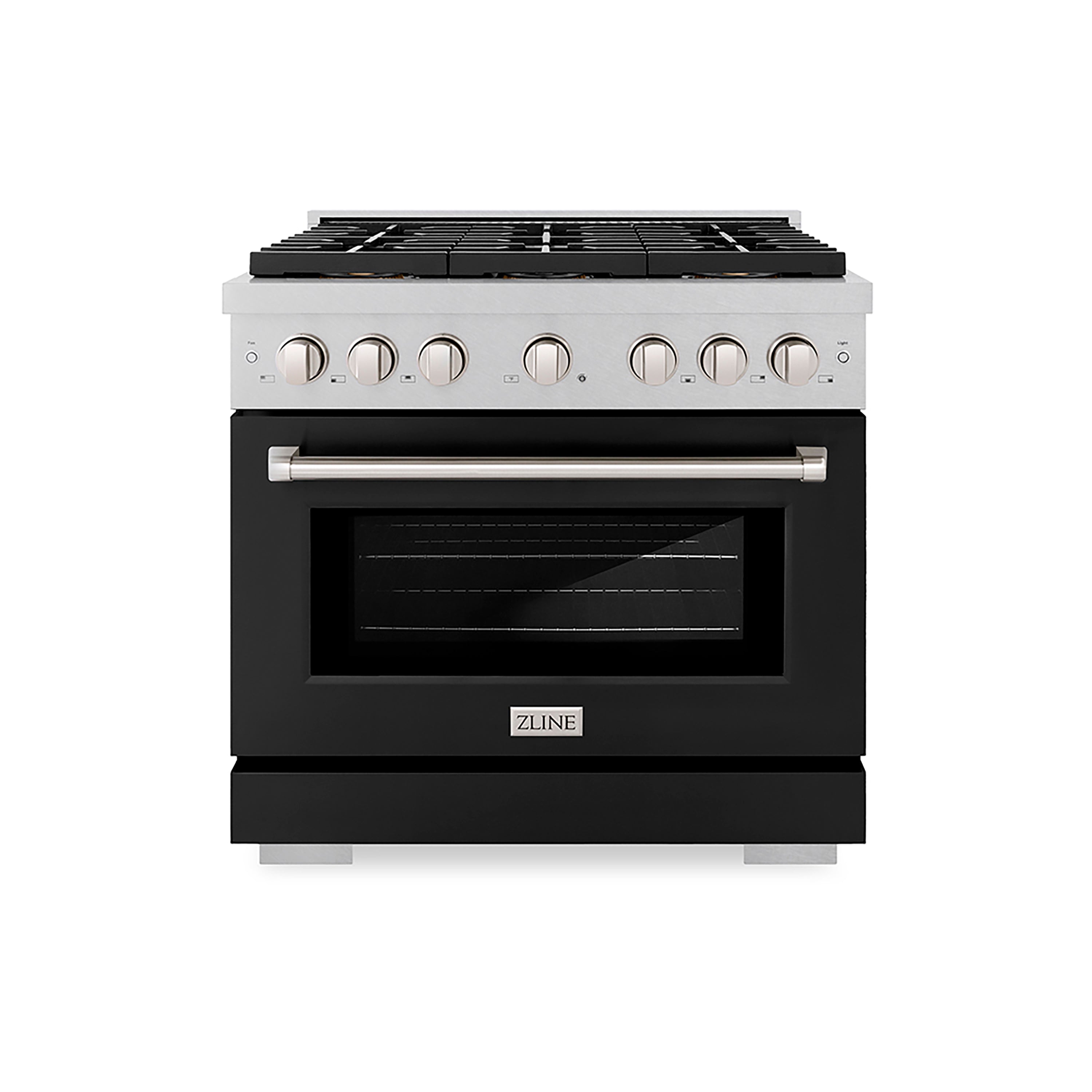 ZLINE 36 in. Gas Range 5.2 cu. ft. Convection Oven with 6 Burner DuoPro™ Cooktop, Satin Stainless Steel with Black Matte Door (PSGRS-BLM-36)