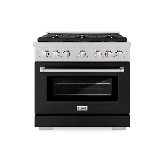 ZLINE 36 in. Gas Range 5.2 cu. ft. Convection Oven with 6 Burner DuoPro™ Cooktop, Satin Stainless Steel with Black Matte Door (PSGRS-BLM-36)