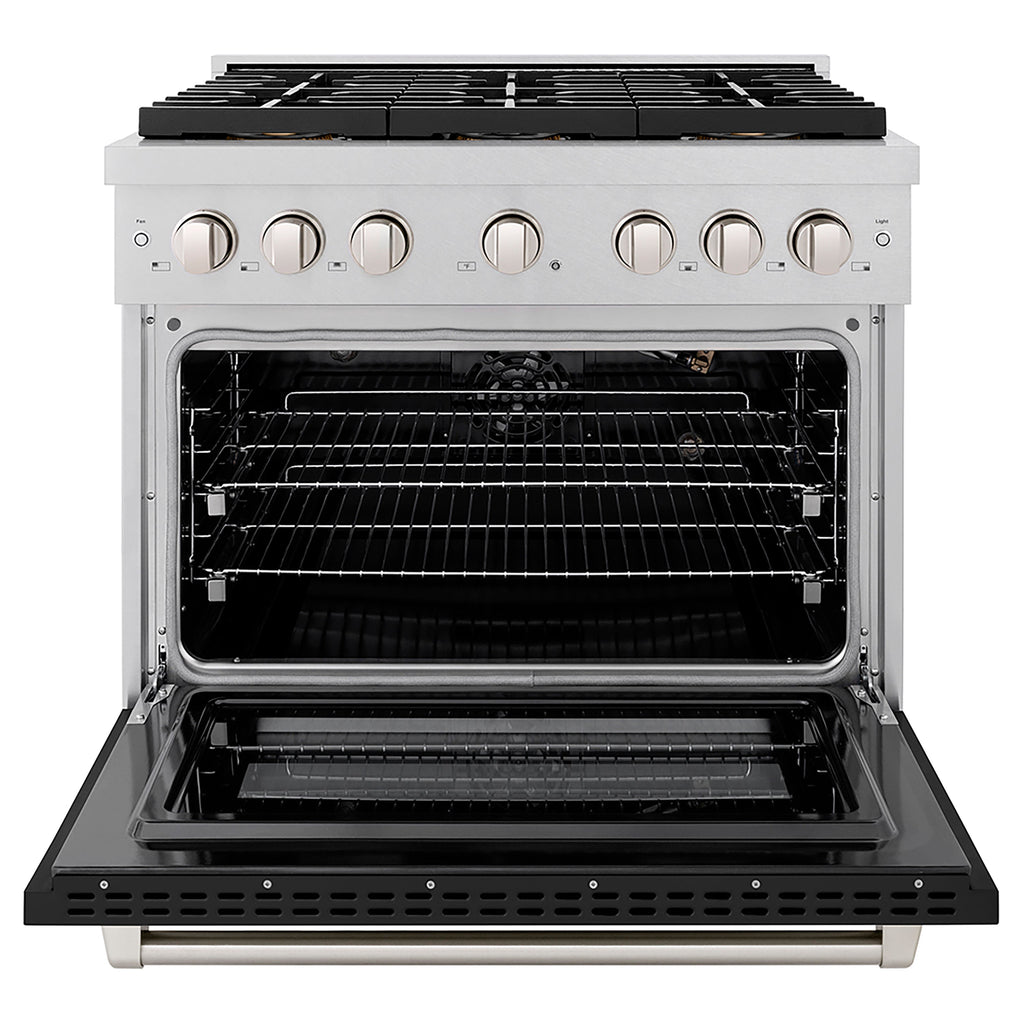 ZLINE 36 in. Gas Range 5.2 cu. ft. Convection Oven with 6 Burner DuoPro™ Cooktop, Satin Stainless Steel with Black Matte Door (PSGRS-BLM-36)