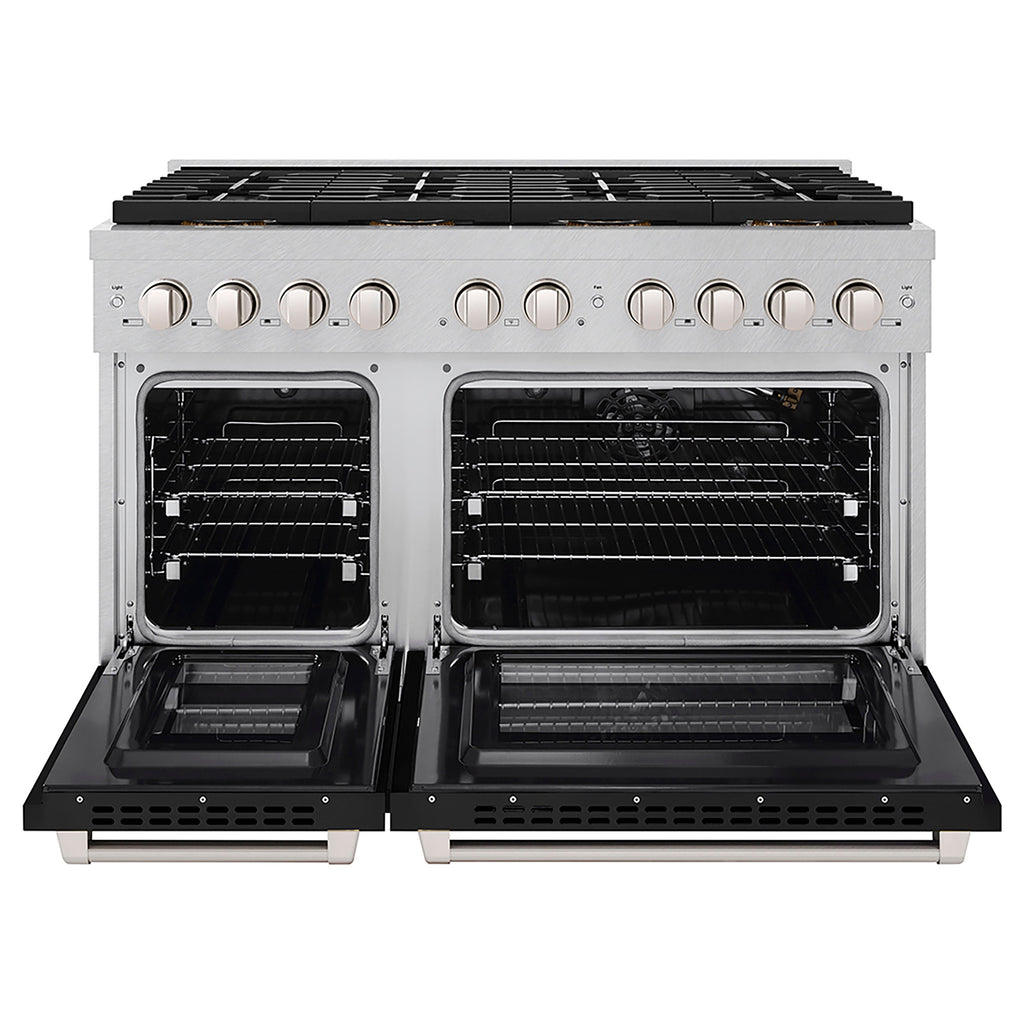 ZLINE 48 in. Gas Range 6.7 cu. ft. Dual Oven with 8 Burner DuoPro™ Cooktop, Satin Stainless Steel with Black Matte Doors (PSGRS-BLM-48)