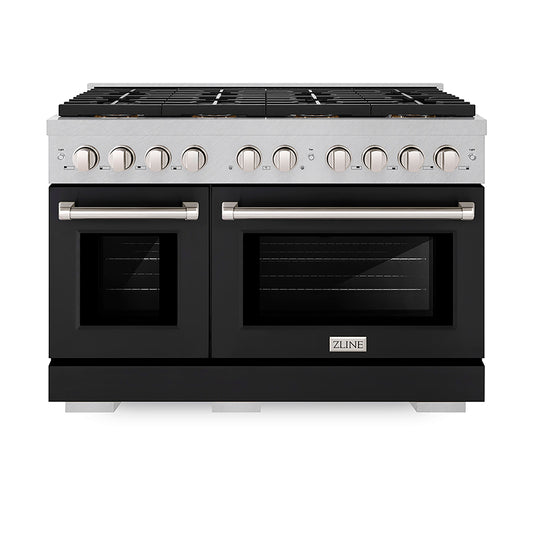 ZLINE 48 in. Gas Range 6.7 cu. ft. Dual Oven with 8 Burner DuoPro™ Cooktop, Satin Stainless Steel with Black Matte Doors (PSGRS-BLM-48)