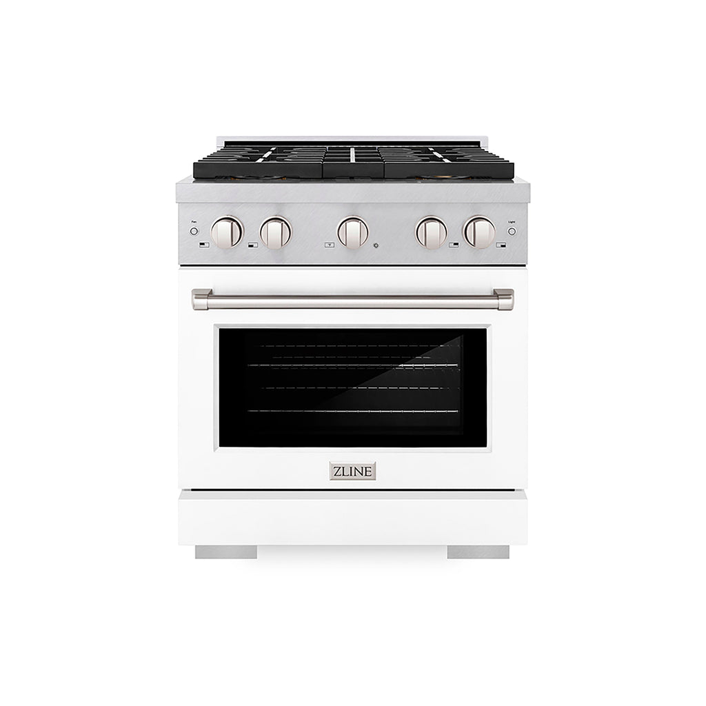 ZLINE 30 in. Gas Range – 4.2 cu. ft. Capacity – 4 Burner DuoPro™ Cooktop – Convection Gas Oven – Satin Stainless Steel with White Matte Door (PSGRS-WM-30)