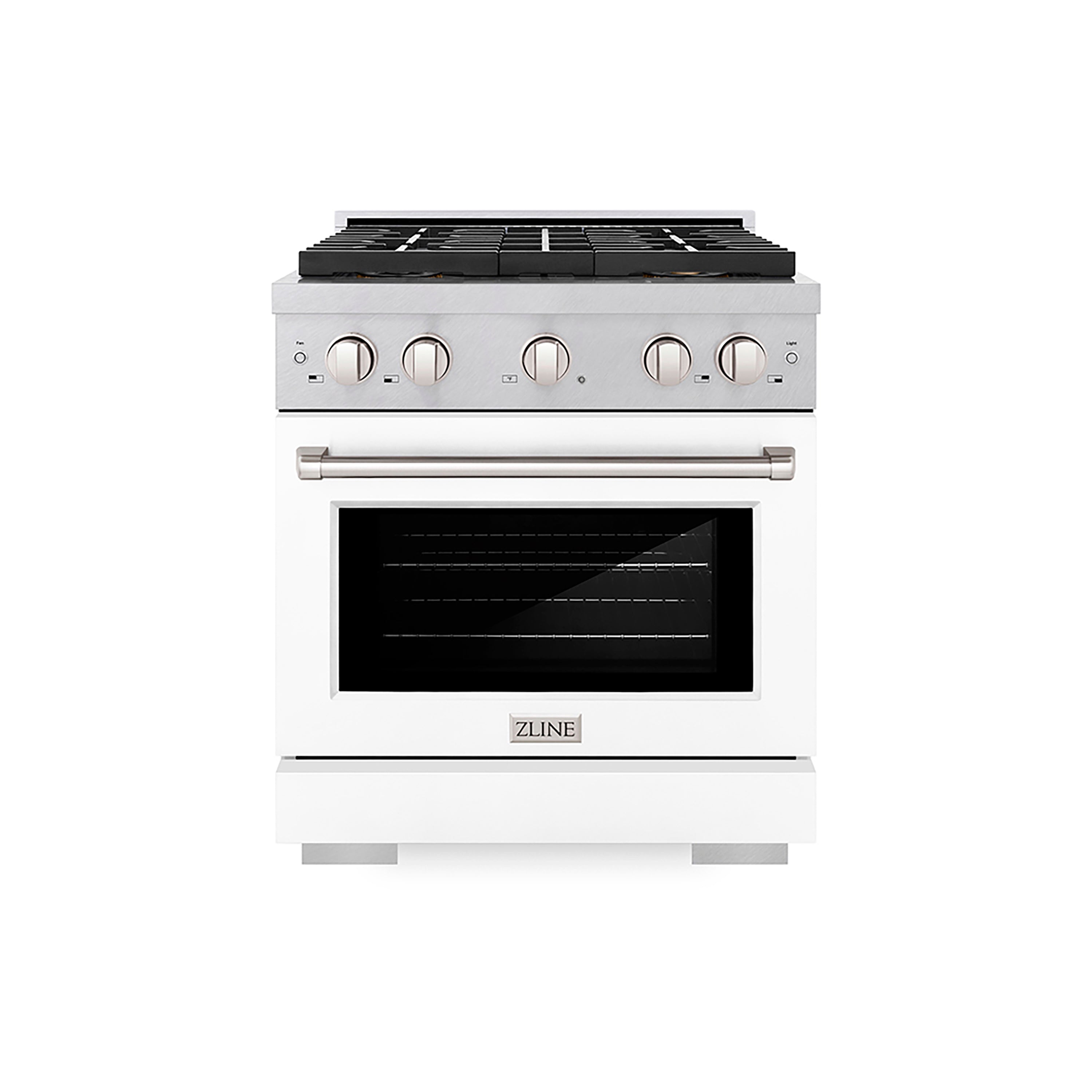 ZLINE 30 in. Gas Range – 4.2 cu. ft. Capacity – 4 Burner DuoPro™ Cooktop – Convection Gas Oven – Satin Stainless Steel with White Matte Door (PSGRS-WM-30)