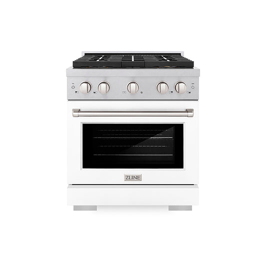ZLINE 30 in. Gas Range – 4.2 cu. ft. Capacity – 4 Burner DuoPro™ Cooktop – Convection Gas Oven – Satin Stainless Steel with White Matte Door (PSGRS-WM-30)