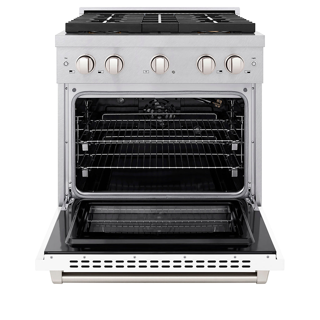 ZLINE 30 in. Gas Range – 4.2 cu. ft. Capacity – 4 Burner DuoPro™ Cooktop – Convection Gas Oven – Satin Stainless Steel with White Matte Door (PSGRS-WM-30)