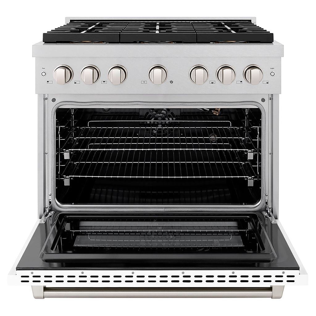 ZLINE 36 in. Gas Range – 5.2 cu. ft. Capacity – 6 Burner DuoPro™ Cooktop, Convection Gas Oven, Satin Stainless Steel with White Matte Door (PSGRS-WM-36)