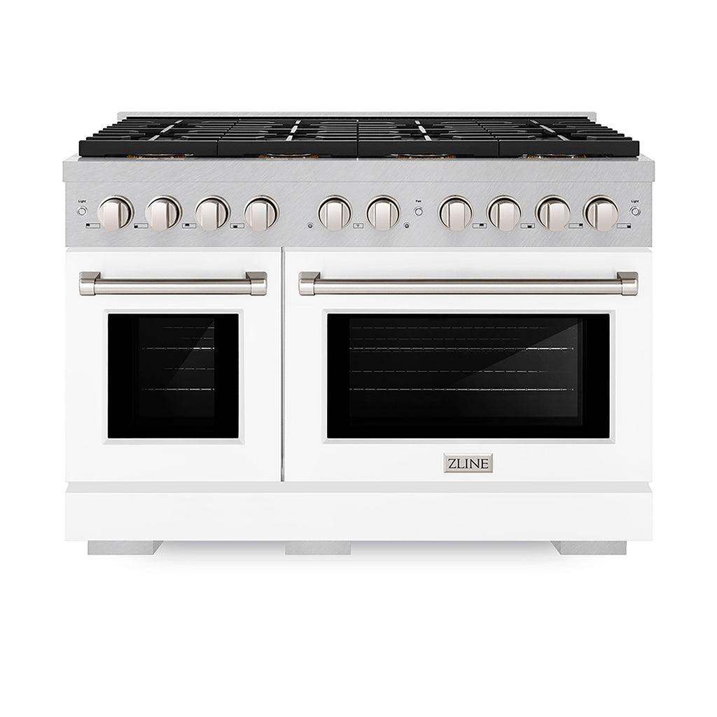 ZLINE 48 in. Gas Range – 6.7 cu. ft. – 8 Burner DuoPro™ Cooktop, Dual Ovens, Satin Stainless Steel with White Matte Doors (PSGRS-WM-48)