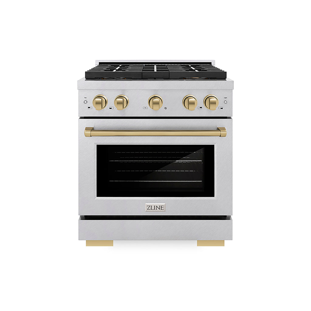 ZLINE 30 in. Gas Range 4.2 cu. ft. 4 Burner DuoPro™ Cooktop Convection Oven Champagne Bronze Accents Satin Stainless Steel (PSGRSZ-30-CB)