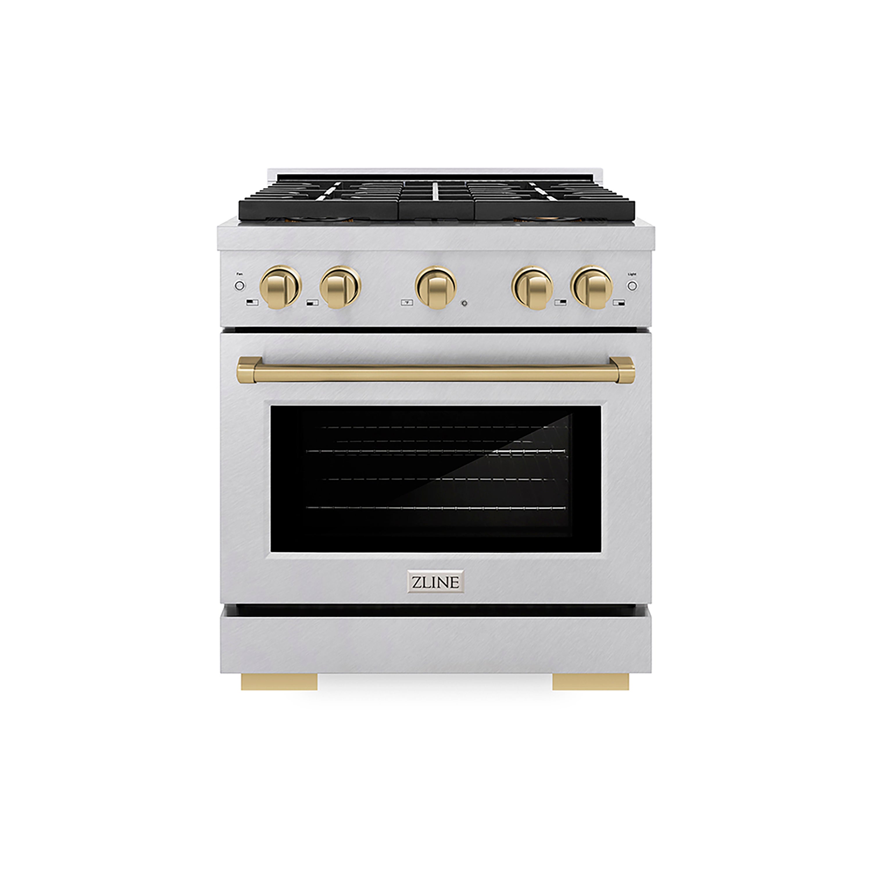 ZLINE 30 in. Gas Range 4.2 cu. ft. 4 Burner DuoPro™ Cooktop Convection Oven Champagne Bronze Accents Satin Stainless Steel (PSGRSZ-30-CB)
