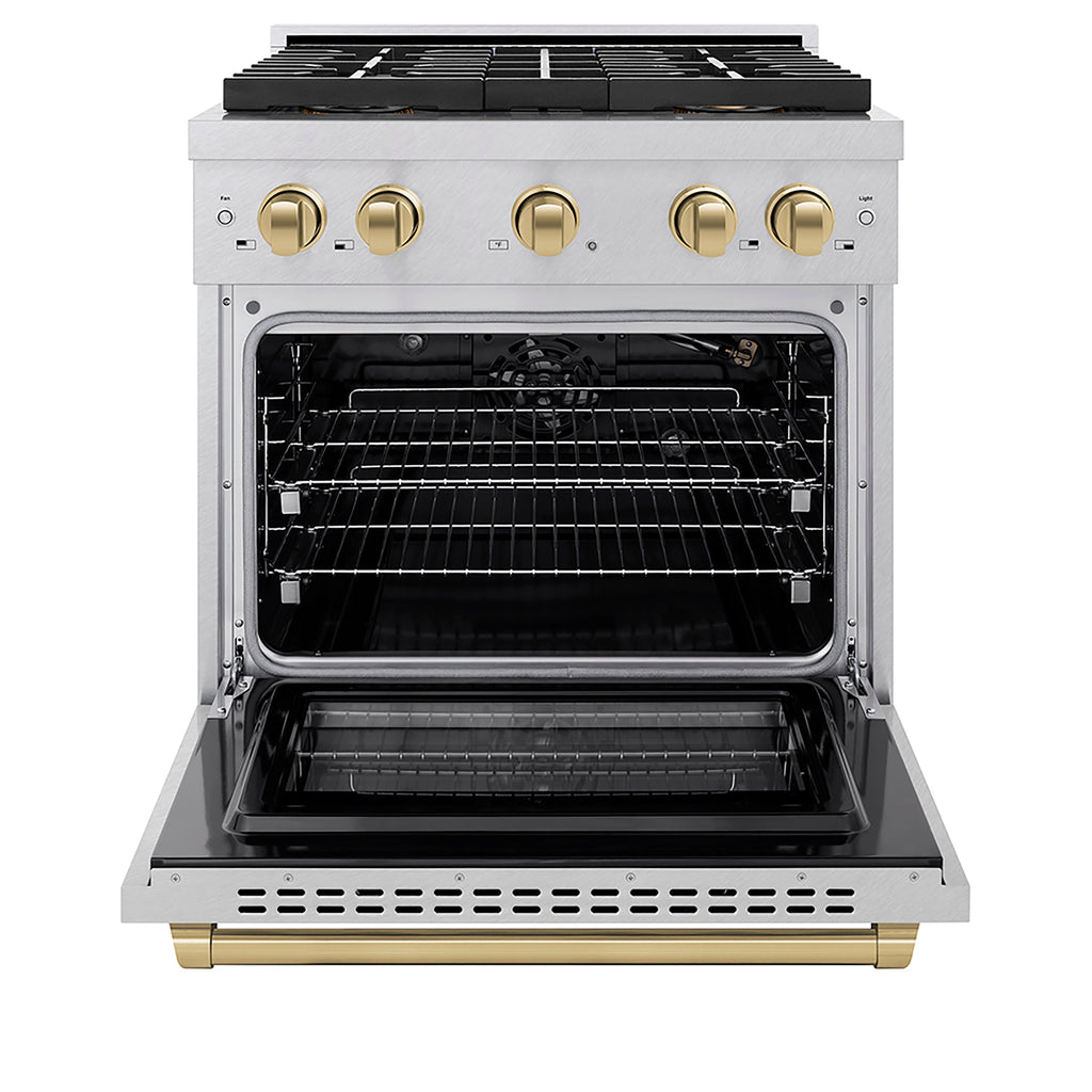 ZLINE 30 in. Gas Range 4.2 cu. ft. 4 Burner DuoPro™ Cooktop Convection Oven Champagne Bronze Accents Satin Stainless Steel (PSGRSZ-30-CB)