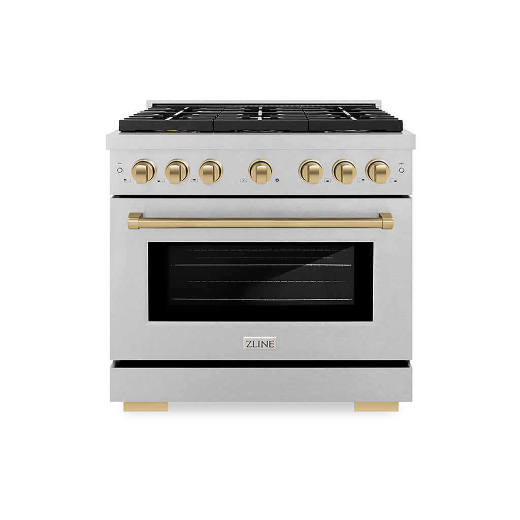 ZLINE 36 in. Gas Range 5.2 cu. ft. Convection Oven 6 Burner DuoPro™ Cooktop Satin Stainless Steel Champagne Bronze Accents (PSGRSZ-36-CB)