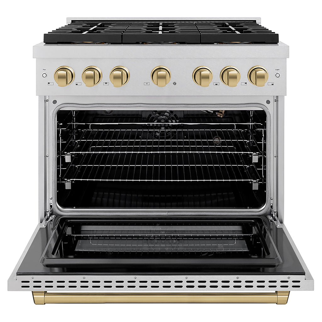 ZLINE 36 in. Gas Range 5.2 cu. ft. Convection Oven 6 Burner DuoPro™ Cooktop Satin Stainless Steel Champagne Bronze Accents (PSGRSZ-36-CB)