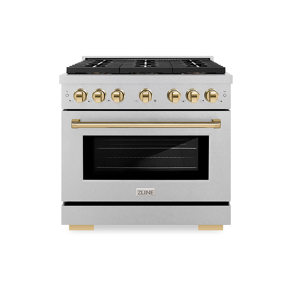 ZLINE 36 in. Gas Range 5.2 cu. ft. 6 Burner DuoPro™ Cooktop Convection Gas Oven Satin Stainless Steel with Polished Gold Accents (PSGRSZ-36-G)