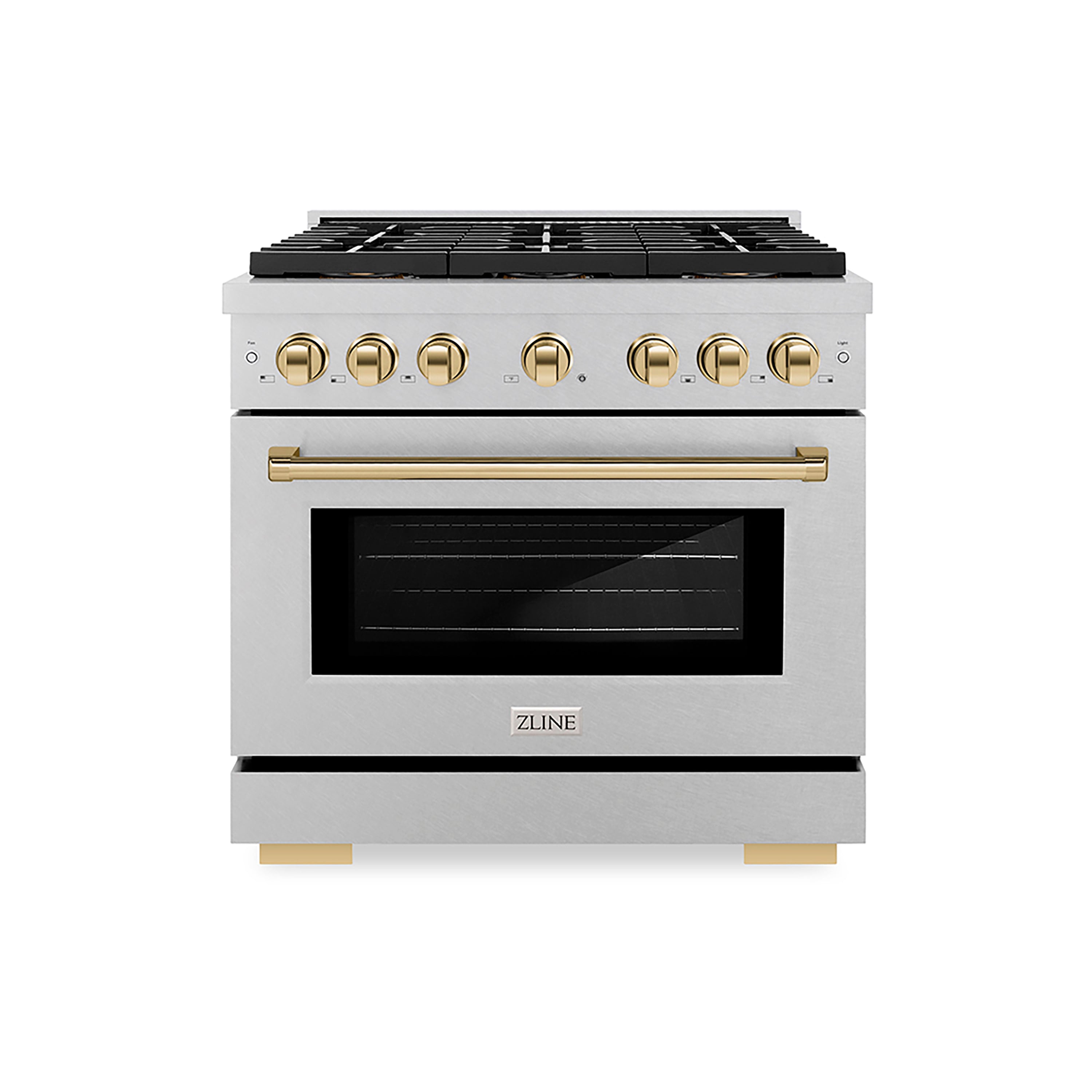 ZLINE 36 in. Gas Range 5.2 cu. ft. 6 Burner DuoPro™ Cooktop Convection Gas Oven Satin Stainless Steel with Polished Gold Accents (PSGRSZ-36-G)