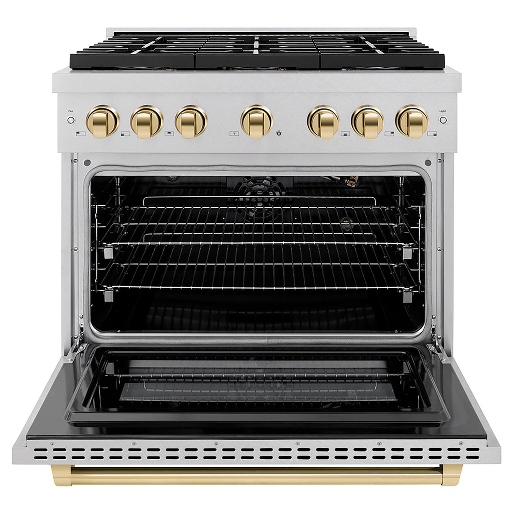 ZLINE 36 in. Gas Range 5.2 cu. ft. 6 Burner DuoPro™ Cooktop Convection Gas Oven Satin Stainless Steel with Polished Gold Accents (PSGRSZ-36-G)