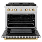 ZLINE 36 in. Gas Range 5.2 cu. ft. 6 Burner DuoPro™ Cooktop Convection Gas Oven Satin Stainless Steel with Polished Gold Accents (PSGRSZ-36-G)