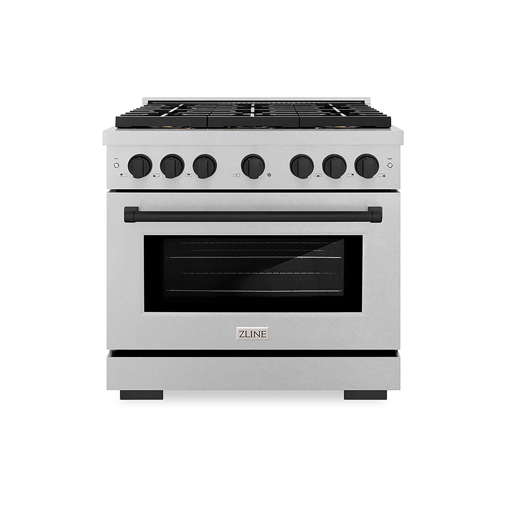 ZLINE 36 in. Gas Range 5.2 cu. ft. 6 Burner DuoPro™ Cooktop Convection Oven Satin Stainless Steel Matte Black Accents (PSGRSZ-36-MB)