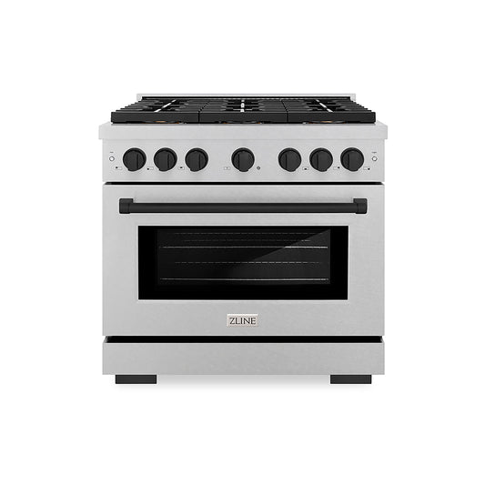 ZLINE 36 in. Gas Range 5.2 cu. ft. 6 Burner DuoPro™ Cooktop Convection Oven Satin Stainless Steel Matte Black Accents (PSGRSZ-36-MB)