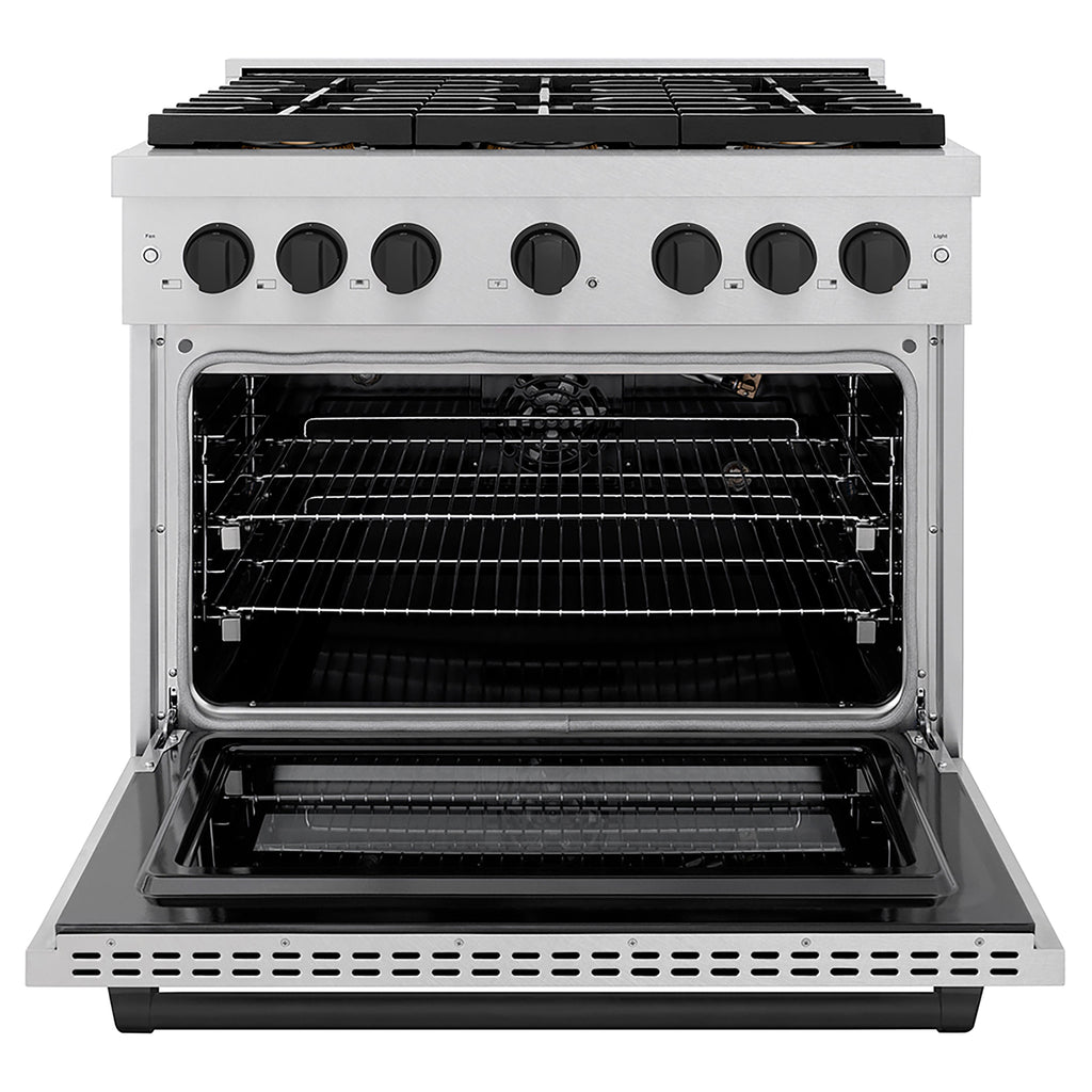 ZLINE 36 in. Gas Range 5.2 cu. ft. 6 Burner DuoPro™ Cooktop Convection Oven Satin Stainless Steel Matte Black Accents (PSGRSZ-36-MB)