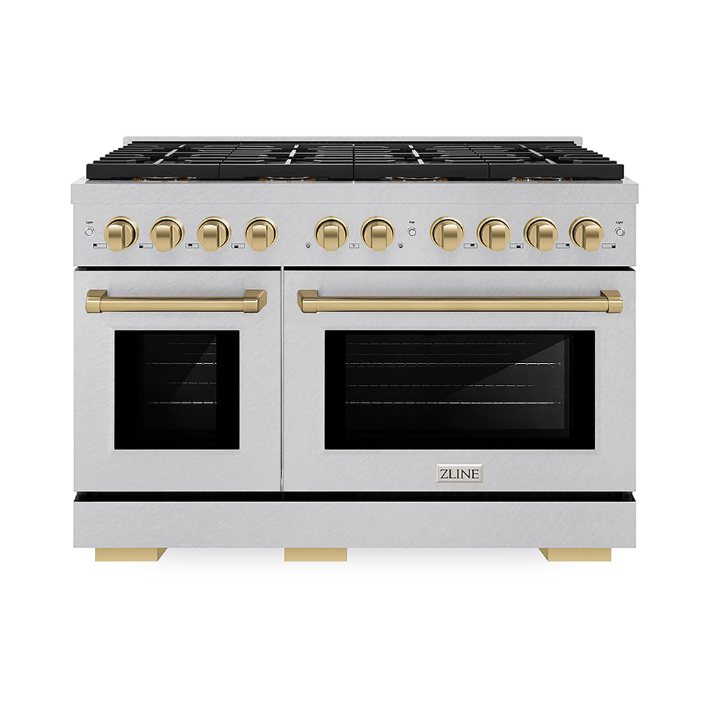 ZLINE 48 in. Gas Range 6.7 cu. ft. Dual Oven 8 Burner DuoPro™ Cooktop Satin Stainless Steel with Champagne Bronze Accents (PSGRSZ-48-CB)