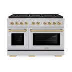 ZLINE 48 in. Gas Range 6.7 cu. ft. Dual Oven 8 Burner DuoPro™ Cooktop Satin Stainless Steel with Champagne Bronze Accents (PSGRSZ-48-CB)
