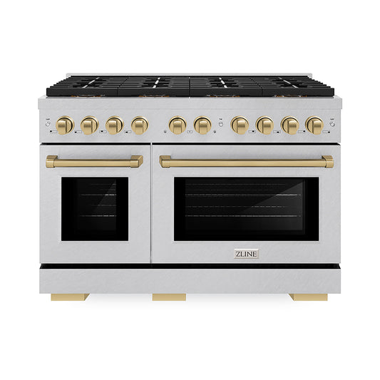 ZLINE 48 in. Gas Range 6.7 cu. ft. Dual Oven 8 Burner DuoPro™ Cooktop Satin Stainless Steel with Champagne Bronze Accents (PSGRSZ-48-CB)
