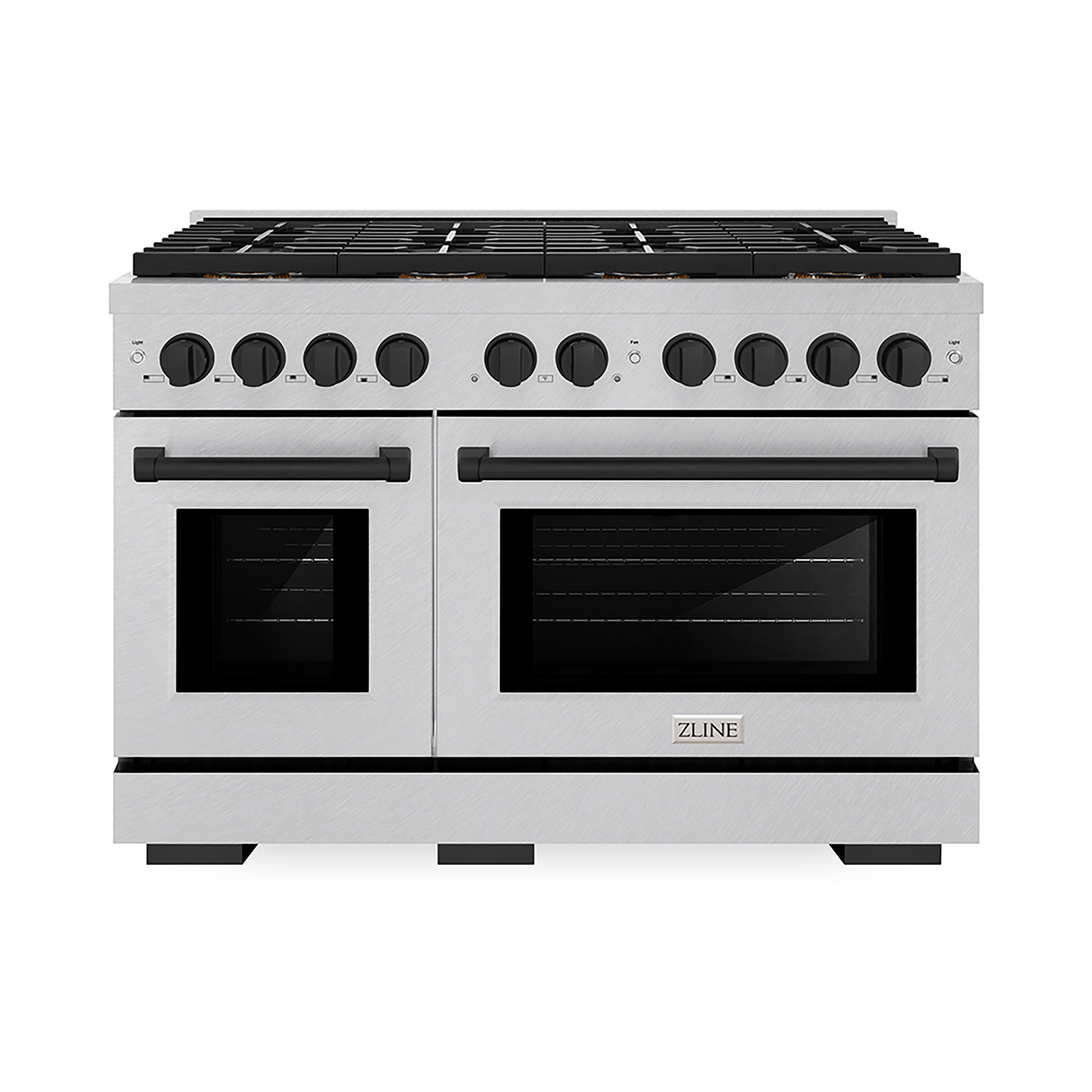 ZLINE 48 in. Gas Range 6.7 cu. ft. Paramount Series with 8 Burner DuoPro™ Cooktop, Dual Ovens, Satin Stainless Steel with Matte Black Accents (PSGRSZ-48-MB)