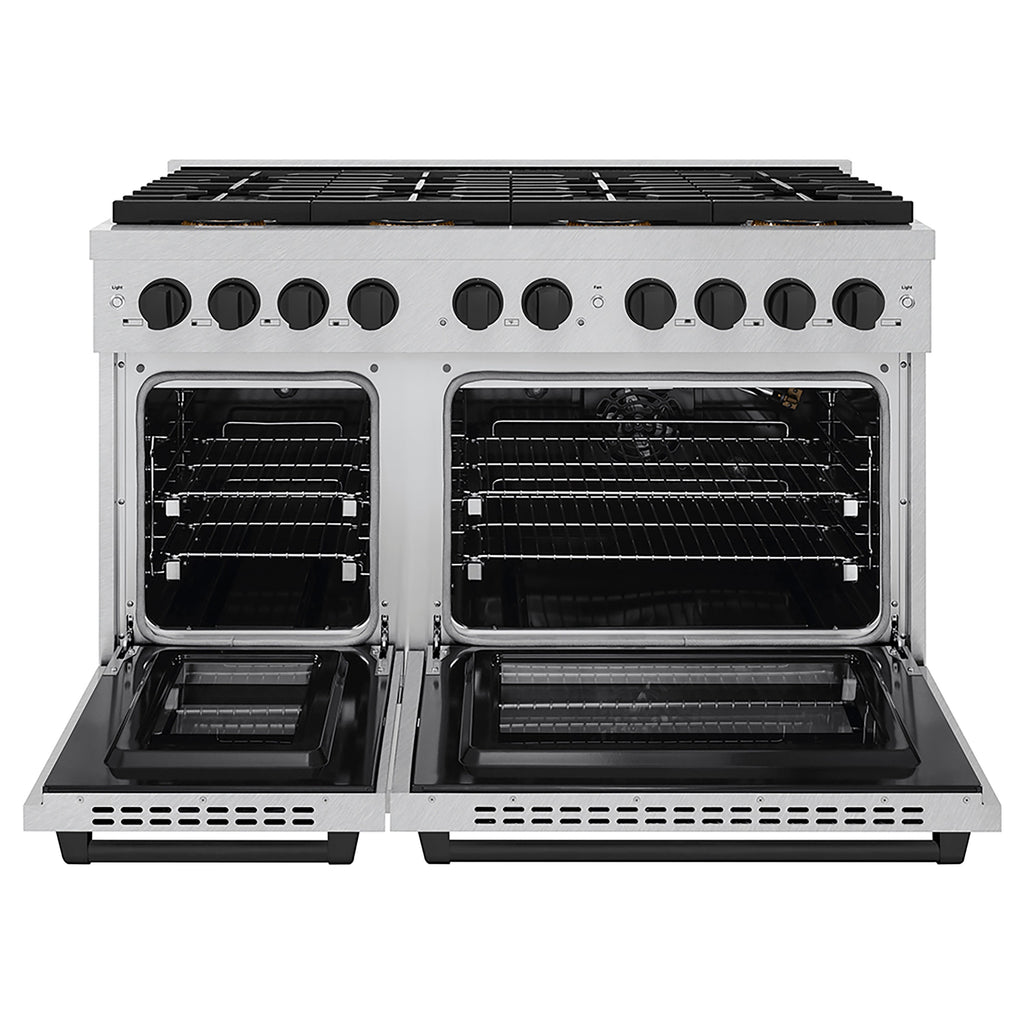 ZLINE 48 in. Gas Range 6.7 cu. ft. Paramount Series with 8 Burner DuoPro™ Cooktop, Dual Ovens, Satin Stainless Steel with Matte Black Accents (PSGRSZ-48-MB)