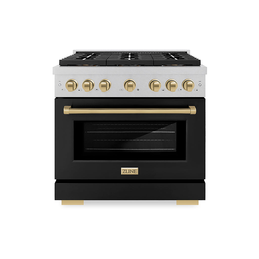 ZLINE 36 in. Dual Fuel Range 5.2 cu. ft. 6 Burner DuoPro™ Cooktop Electric Convection Oven Satin Stainless Steel Black Matte Door Champagne Bronze Accents (PSDRSZ-BLM36-CB)