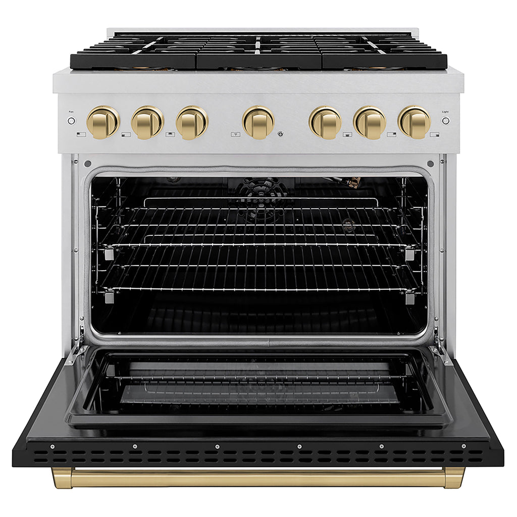ZLINE 36 in. Gas Range 5.2 cu. ft. 6 Burner DuoPro™ Cooktop Convection Gas Oven Satin Stainless Steel with Black Matte Door & Champagne Bronze Accents (PSGRSZ-BLM36-CB)