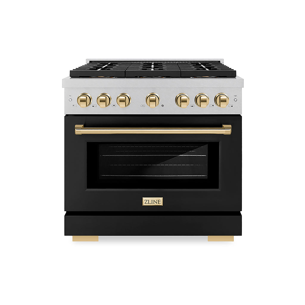 ZLINE 36 in. Gas Range 5.2 cu. ft. 6 Burner DuoPro™ Cooktop Convection Oven Satin Stainless Steel Black Matte Door Polished Gold Accents (PSGRSZ-BLM36-G)