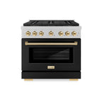 ZLINE 36 in. Gas Range 5.2 cu. ft. 6 Burner DuoPro™ Cooktop Convection Oven Satin Stainless Steel Black Matte Door Polished Gold Accents (PSGRSZ-BLM36-G)